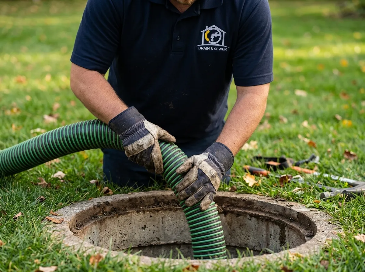 Gloved worker lowering a corrugated hose into a round ground opening on a grassy lawn