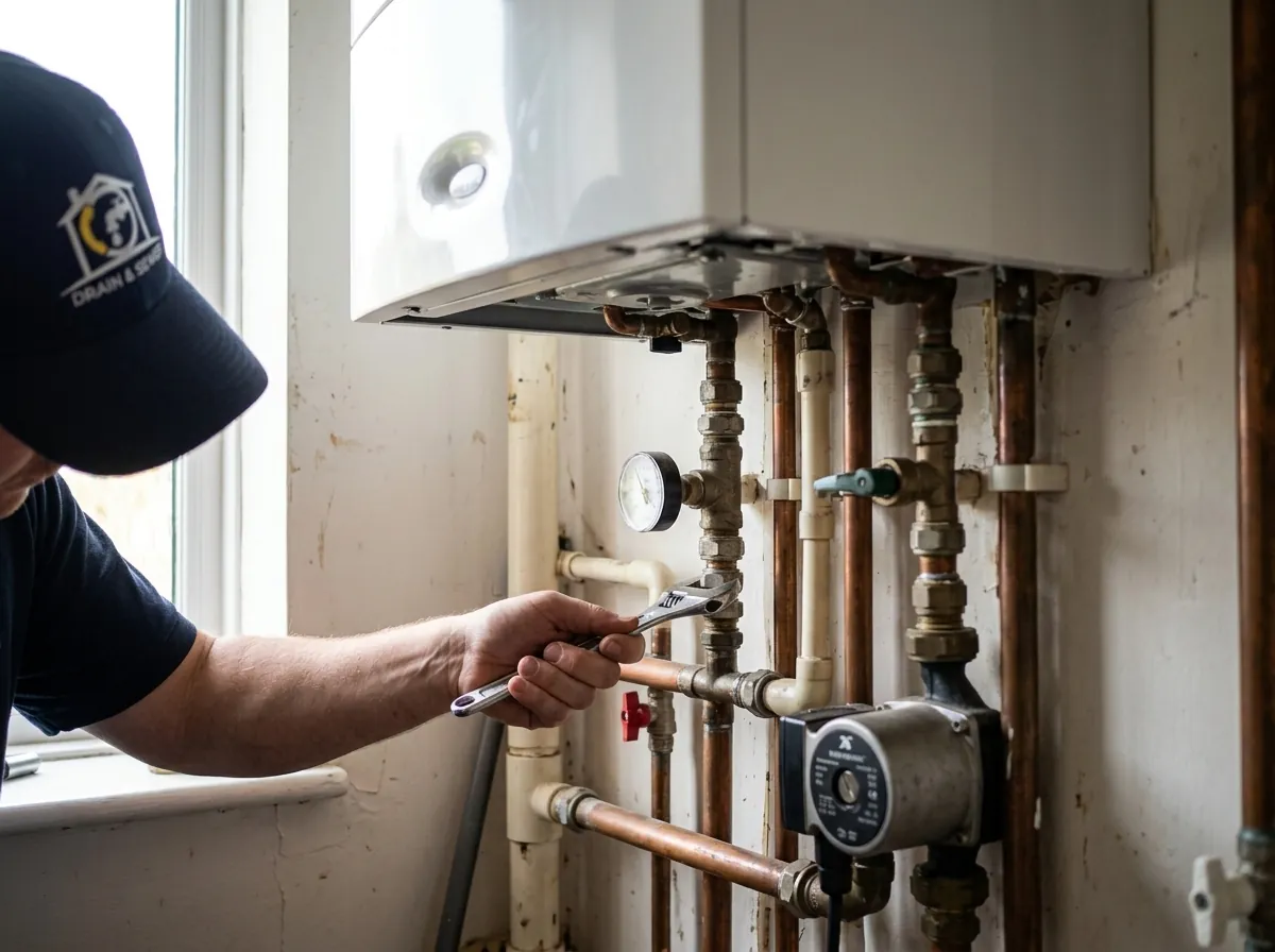 Technician inspecting a wall-mounted white boiler with tools in a utility room